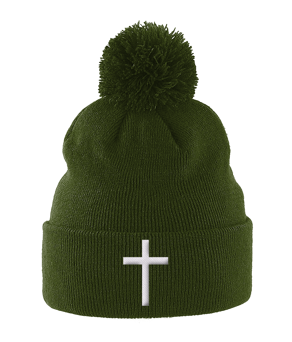 Pom Pom cross Beanie (embroidered bobble hat)