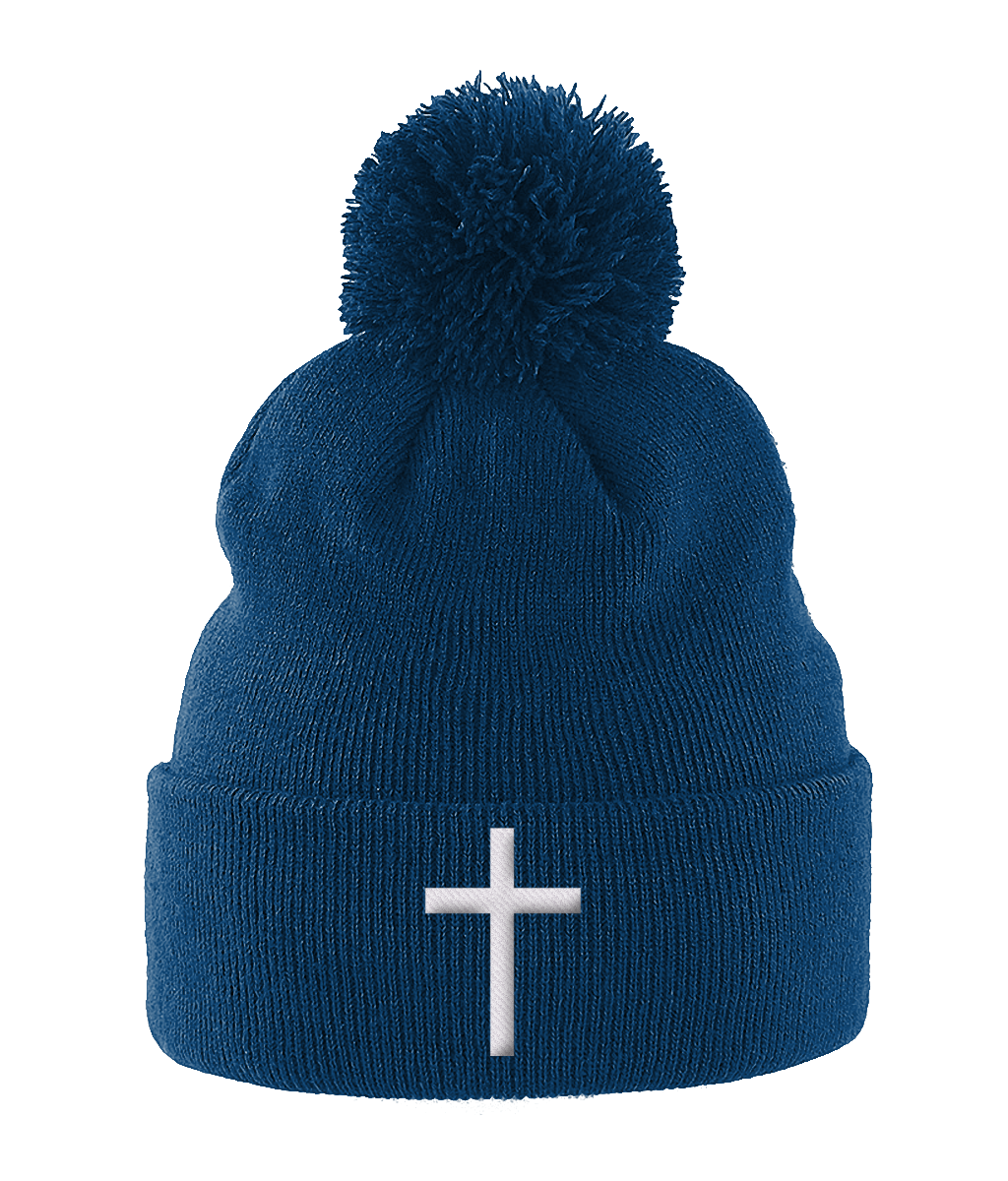 Pom Pom cross Beanie (embroidered bobble hat)