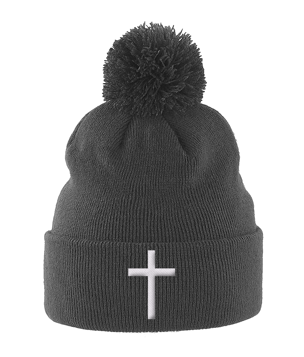 Pom Pom cross Beanie (embroidered bobble hat)