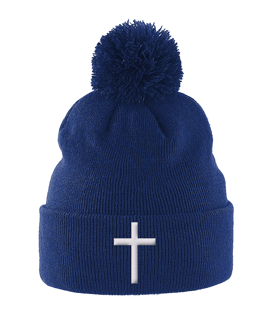 Pom Pom cross Beanie (embroidered bobble hat)