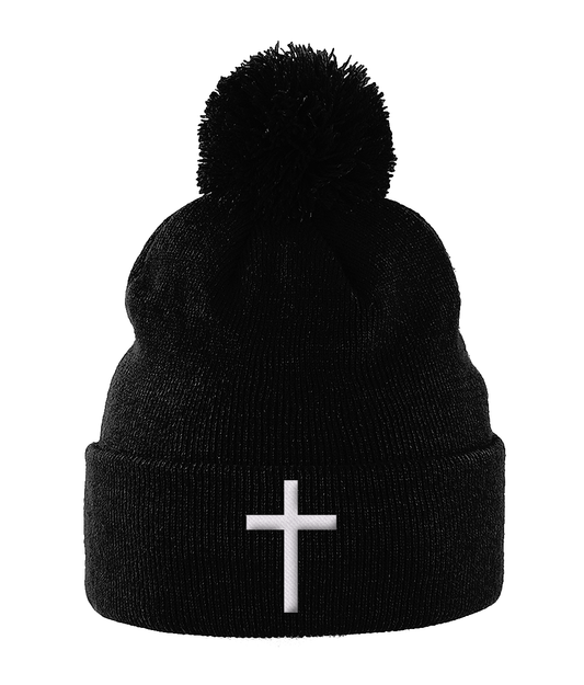Pom Pom cross Beanie (embroidered bobble hat)